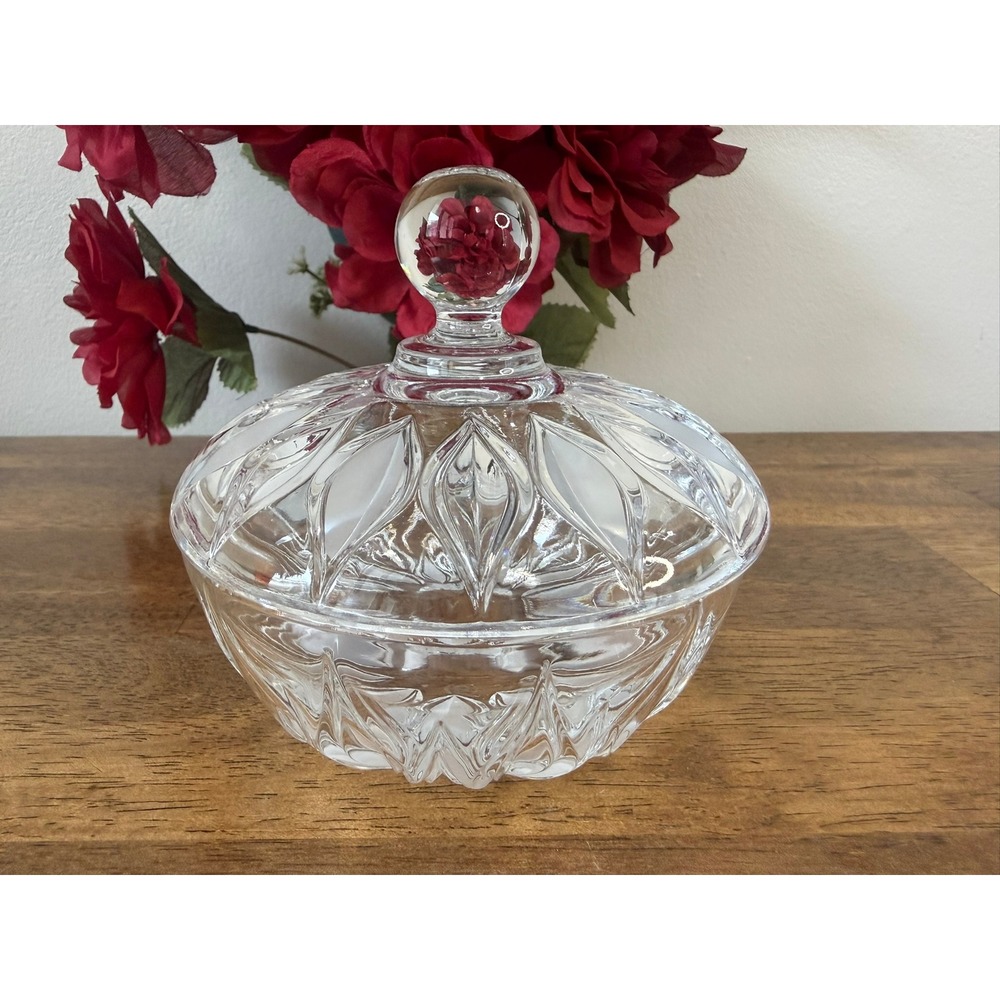 Vintage Crystal Lidded Candy Dish Frosted Cut Glass‎ Bowl Trinket Jar Covered